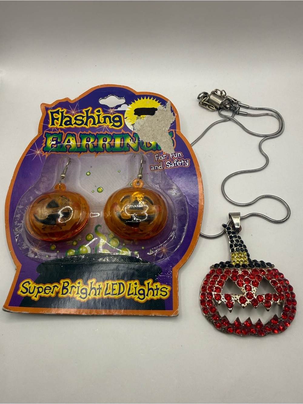 Orange Halloween Pumpkin LED Earrings & Red Pumpkin Pendant Necklace Set